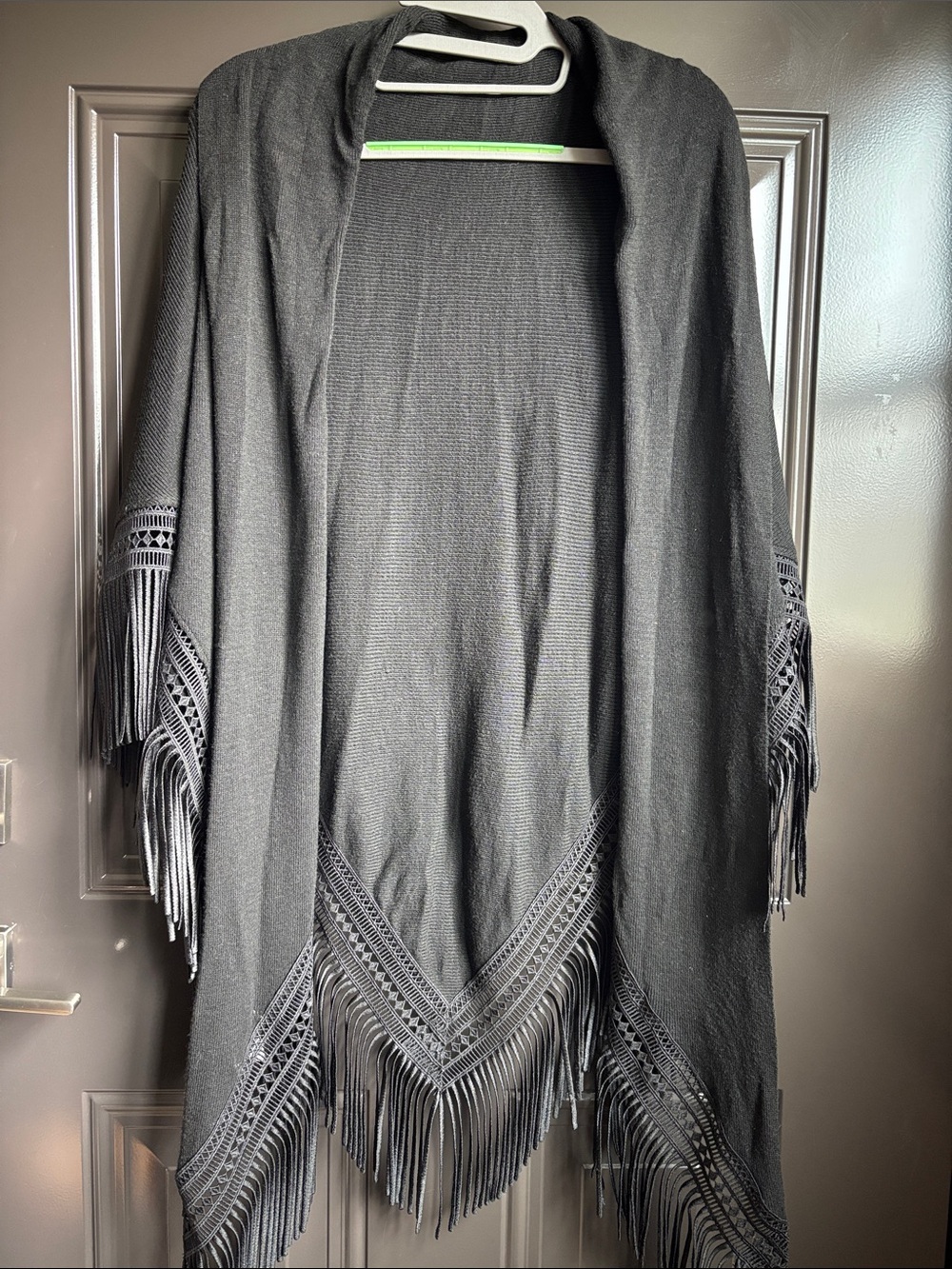 Fringed Open Front Shawl Cardigan - black sleeveless